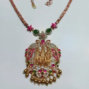 볼리우드 사원 디자인 금도금 인도 신부 보석 결혼식을위한 최고의 가격에 멀티 컬러 스톤 박힌 펜던트 목걸이