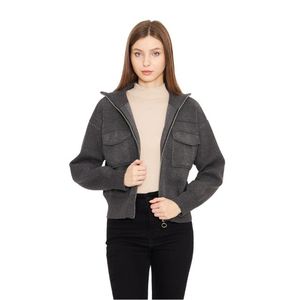 Manteau court décontracté pour femmes tricot à glissière en acier tricot manteau quotidien confortable avec col à capuche haut élégant confort assaisonné - Product Image 1