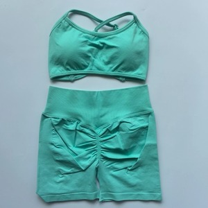 Femmes respirant cordon doux Compression élastique côtelé danse Flare pantalon soutien-gorge ensemble couleur unie Gym Fitness Yoga 2 pièces ensemble - Product Image 6