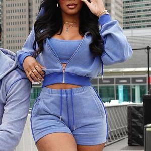 Haut court à capuche zippé pour femmes de couleur bleue personnalisée, tenue courte, vêtements de sport en coton longs pour les tailles plus, ensemble 2 pièces d'hiver - Product Image 6