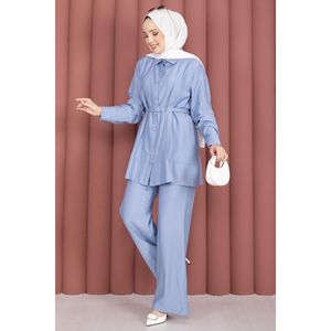 Conjunto de Dos Piezas de Túnica y Pantalones Casuales con Cinturón para Primavera/Verano, Color Azul Bebé - Product Image 4