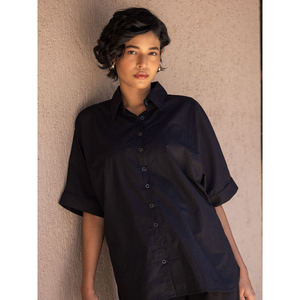Lady's Solid Two Piece <b>Short</b> <b>Set</b>-Midnight Black Cotton <b>Top</b> & Pants - Product Image 3
