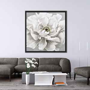 Art sur toile abstrait avec fleurs blanches : impression sur verre trempé - Décoration murale moderne, toile encadrée noire - Product Image 1