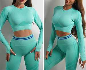 Ensembles 2 pièces de yoga décontracté pour femmes manches longues côtelé taille haute respirant pêche hanche sport ensembles de yoga - Product Image 2