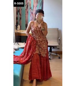 <b>Indian</b> Ethnic Wear Simmer Silk Material Sharara Suit with Thread Sequence Work and Lace Border Dupatta Set <b>for</b> Wedding Wear - Product Image 1