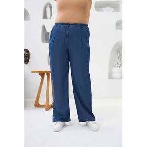 Pantalones Tuncel de talla grande con detalle de botones en el dobladillo y cintura elástica, azul - Product Image 1