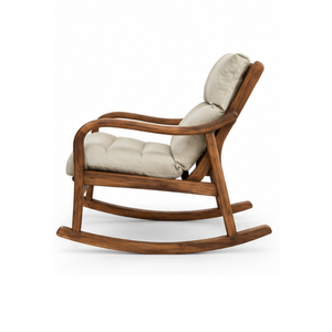 Silla Mecedora de Madera de Teca Sólida con Cojín Beige, Reposabrazos Curvos y Base de Madera para Muebles de Sala de Estar Interior - Product Image 4