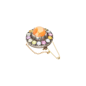 Pin de ópalo naranja natural con detalles de zafiro multicolor en oro y plata Pin de ópalo cabujón para mujer - Product Image 5