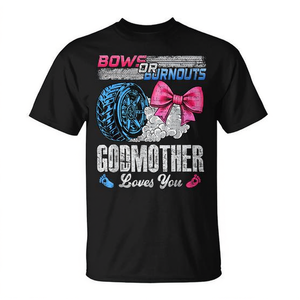 T-shirt per Rivelazione del Sesso del Bambino con Scritta 'Burnouts or Bows' Preferita dalla Madrina per le Celebrazioni! - Product Image 2