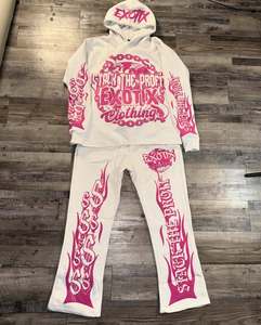 100% coton personnalisé Streetwear en détresse brodé Patch strass fermeture éclair à capuche et pantalon de survêtement ensemble hommes lavage à l'acide survêtement - Product Image 2