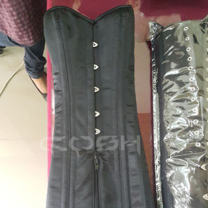 Robe corset noire en satin avec armatures en acier, fermeture avant à busc et fermeture éclair inférieure, sur mesure, fournisseur de corsets de mode - Product Image 3