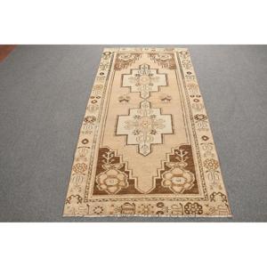 3.3x6.7 ft Rug, Vintage Turkish Rug, <b>Brown</b> Check <b>Wool</b> Rug - Product Image 1