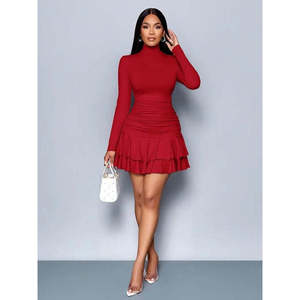 Robe courte à col roulé et manches longues pour femme, 38056 - Rouge - Product Image 4