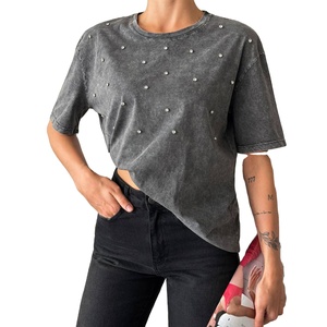 Vintage Washed Grey Rhinestone <b>Studded</b> T Shirt Oversized Streetwear Faded Tee Custom Logo Wholesale - Product Image 1