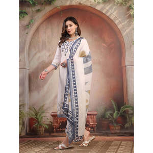ชุดคุर्ตาผ้าฝ้ายปักลายสีขาวสำหรับผู้หญิง พร้อมกางเกงปาลาซโซ่และผ้าคลุมไหล่ ชุดส่าหรีผ้าจอร์เจตต์แบบเย็บสำเร็จ - Product Image 2