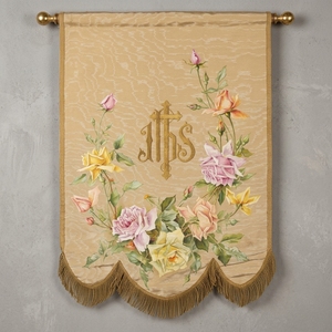 Custom Embroidered Religious Wall <b>Banner</b> Floral Tapestry Scroll Beige Gold Pink Flower Wall Hanging - Product Image 3