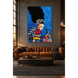 Fida Pop Art Femme avec oiseau sur fond bleu Impression sur toile - Product Image 3