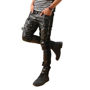 Pantalon en cuir décontracté pour homme, style urbain, design brodé élégant, logo imprimé au dos, taille mi-haute, braguette à boutons - Product Image 2