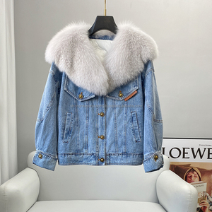 2026 Solid Color Casual Wear Real Big Fox Fur Collar Parka <b>Coat</b> New Winter Warm <b>Duck</b> <b>Down</b> Jeans Jacket - Product Image 6