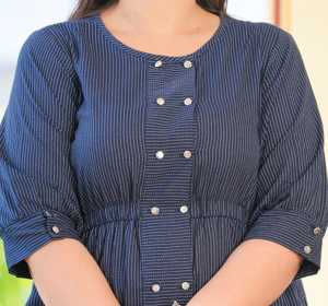 Tunique de cheville régulière imprimée à rayures en coton Kantha bleu décontracté pour femme avec décoration à motif - Product Image 2