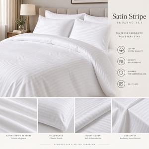 White Cotton <b>Satin</b> <b>Duvet</b> Cover <b>Set</b> with Hotel Flap 220x240+20 cm 240TC Striped - Product Image 5