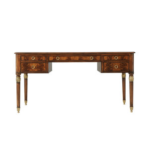 Flame Mahogany Wood Veneer Leather Rectangular Writing <b>Desk</b> <b>with</b> Five <b>Drawers</b> Brass Leaf Details 1-Year Warranty - Product Image 1