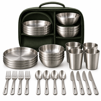 Ensemble de vaisselle moderne OEM en acier inoxydable 304, service de table de camping avec assiettes, bols, tasses et couverts pour usage en station balnéaire et pique-nique