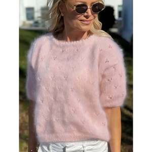 Women's Breathable 100% Acrylic Open-Knit Crew Neck Puff Sleeve Sweater with <b>Bow</b> and Button Details - Product Image 2