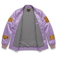 Blouson Bomber en Satin Personnalisé pour Homme, Lilas, avec Patchs en Chenille Dorés, Doublure par Sublimation, Logo Personnalisé, OEM, Streetwear