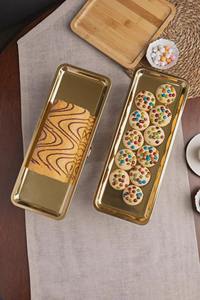 Bandeja de pedestal rectangular larga de primera calidad con acabado dorado, adecuada para servir postres y decorar mesas, procedente de la India. - Product Image 5