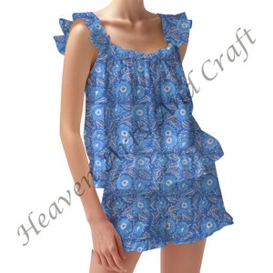 Block Printed Shorts PJ Sets | Bohemian Floral PJs | Boho Spring/Summer Floral Fitted Strappy Ruffle <b>Trim</b> Sleeves PJ Set - Product Image 4