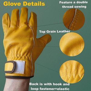 Guantes de trabajo de cuero: guantes gruesos de piel de vaca ideales para conducir, cortar madera, trabajar en el jardín, resistentes a perforaciones, correa ajustable - Product Image 2