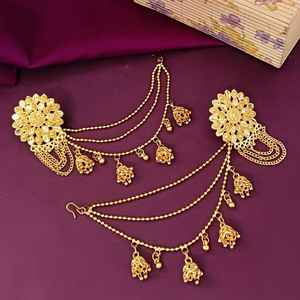 Ensemble de boucles d'oreilles indiennes plaquées or Ensemble de boucles d'oreilles Jhumka Jhumki de mariée florales multicouches Fabricant indien de bijoux pour femmes - Product Image 2