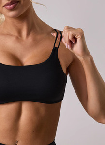 Hot <b>Sale</b> Custom Logo Sports Bra for Women Black Microfiber Double Spaghetti Strap Soft Touch Sweat-Wicking Gym & Yoga Activewear - Product Image 4