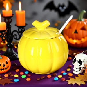 Pot de rangement en céramique en forme de citrouille avec couvercle et cuillère, récipient hermétique pour aliments, organisateur de cuisine décoratif, décoration festive d'Halloween - Product Image 3