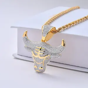 Collier en argent plaqué or 18 carats avec pendentif Taureau du Zodiaque, style Hiphop Bling Iced Out, serti de zircone cubique 5A, logo personnalisé, breloque animal pour homme, cadeau - Product Image 3