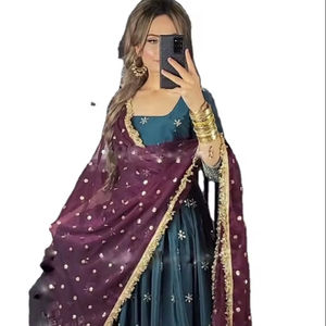 Anarkali de Manga Larga con Pantalón de Algodón y Dupatta, Lehanga Nupcial en Seda Banarasi para Mujer, para Ocasiones Especiales - Product Image 1
