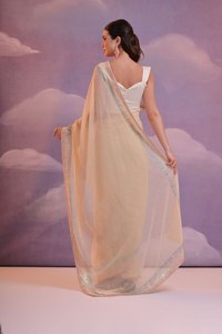 Collection de saris en soie géorgette plissée ethnique indienne élégante, magnifique sari brodé de fils lourds + blouse multicolore large - Product Image 3