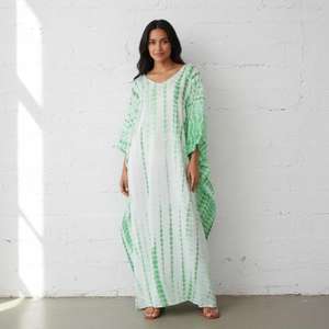 Kaftan vert tie-dye pour femmes, longueur au sol, col en V, coupe ample, taille naturelle, décontracté, bohème, vêtements de plage d'été - Product Image 1