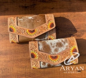 Hot Selling Handmade Tooled Carving Cowhide Fur Leather Wallet Snap Button <b>Phone</b> Case Clutch <b>For</b> Women Daily Use <b>Office</b> Shopping - Product Image 1