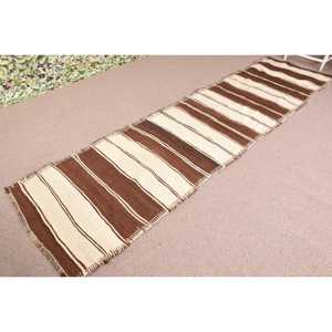 Vintage Turkish Runner Rug 2.8x11.3 ft, Kilim <b>Brown</b> <b>Wool</b> Rug - Product Image 2