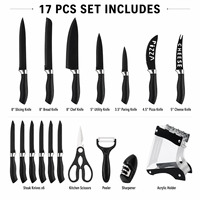 Ensemble de 17 couteaux de cuisine noirs avec revêtement antiadhésif, ensemble de couteaux de chef professionnels, design ambidextre avec boîte cadeau, vente en gros