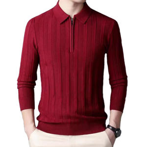 Pull Pull tricoté respirant avec fermeture à demi-fermeture à glissière revers extérieur rayé foncé - Product Image 1