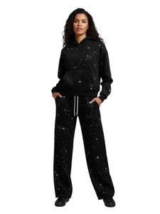 Conjunto unisex de sudadera con capucha y pantalones deportivos con gráfico de ángel desgastado, estilo urbano informal con decoración artística de diamantes de imitación vintage - Product Image 5