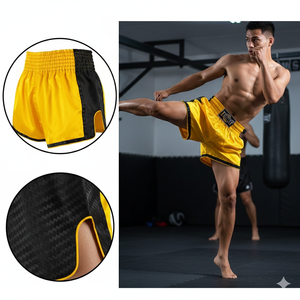 กางเกงชกมวยไทย MMA สีเหลืองแบบกำหนดเอง ผ้าซาติน ระบายอากาศได้ดี น้ำหนักเบา พิมพ์ลายแบบซับลิเมชั่น ปักลาย สำหรับคิกบ็อกซิ่ง มวยไทย 100% - Product Image 1