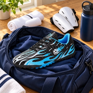 Chaussures de football pour terrains synthétiques, pour les matchs et les entraînements de ligue locale, noires et cyan, avec col bleu, coupe basse et lacets plats - Product Image 5