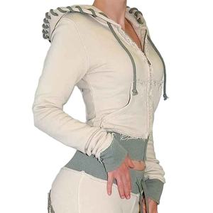 Ensemble de survêtement pour femme, sweat-shirt à capuche ajusté et court, ensemble de survêtement skinny déchiré, survêtement 2 pièces ajusté, survêtement ajusté - Product Image 1