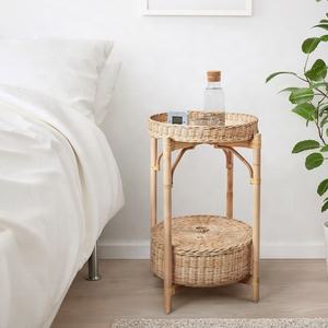 Mesita de noche de ratán respetuosa con el medio ambiente, elegante mesita de noche de ratán Natural con cesta de almacenamiento en la parte inferior y bandeja, OEM - Product Image 2