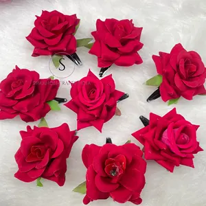 Pinza de pelo Rosa decorativa al por mayor diseño de flor Rosa real pinza de pelo de tela de terciopelo para recuerdo de boda