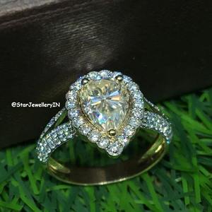 14K Solid Gold 2.00 Ct Pear <b>Light</b> Yellow Moissanite Diamond Solitaire Engagement Ring. - Product Image 1